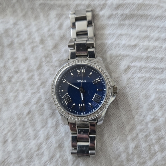 1 Inch Stainless Steel & Sapphire Blue Fossil Watch with Swarovski Crystals - Picture 2 of 6